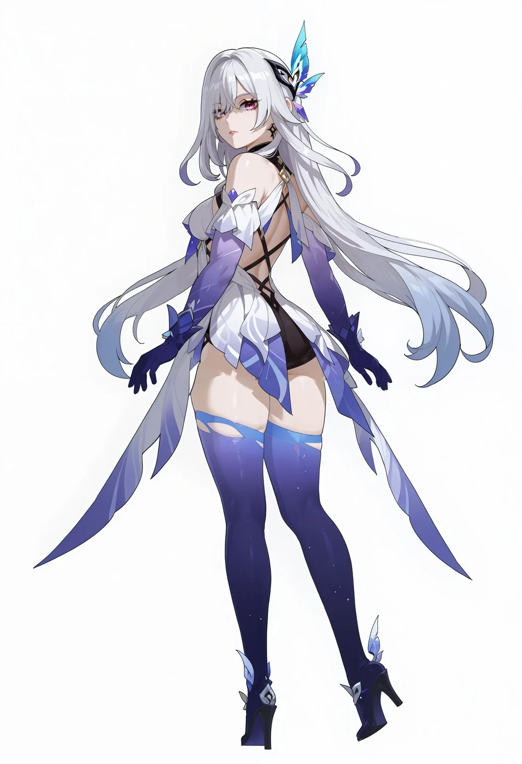 anime, anime coloring,
gnshnskrk, genshin impact, skirk genshin impact, hair ornament, purple eyes, white hair, medium breasts, butterfly hair ornament, thighhighs, bare shoulders, dress, elbow gloves, white dress, gradient hair, blue thighhighs, black dress, short dress, hair between eyes, hair intakes, very long hair,
white background, looking at viewer, from behind, looking back,
<lora:genshin_skirk_illustrious:0.8>