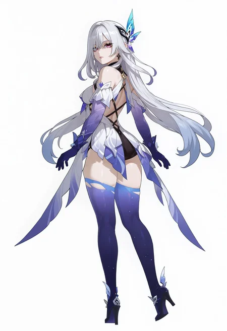 anime, anime coloring, 
gnshnskrk, genshin impact, skirk genshin impact, hair ornament, purple eyes, white hair, medium breasts, butterfly hair ornament, thighhighs, bare shoulders, dress, elbow gloves, white dress, gradient hair, blue thighhighs, black dress, short dress, hair between eyes, hair intakes, very long hair, 
white background, looking at viewer, from behind, looking back, 
<lora:genshin_skirk_illustrious:0.8>