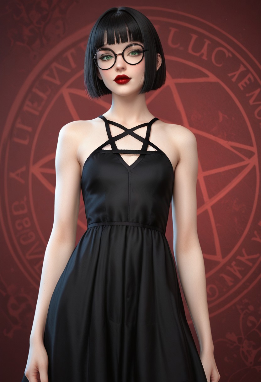 score_9, score_8_up, score_7_up, score_6_up, rating_questionable, 1girl, Polly, PollyRH, short hair, bobcut, black hair, bangs, green eyes, small breasts, almost flat chest, slim, pale skin, big round eyeglasses, clear eyeglasses lenses, red lipgloss, HD32k, dynamic pose, aesthetic, perspective, solo, detailed, sensual look, pinup pose, abstract background, detailed background, black-red tint, sensual look, pinup pose, cowboy shot, pentagram dress, black dress, fishnets,