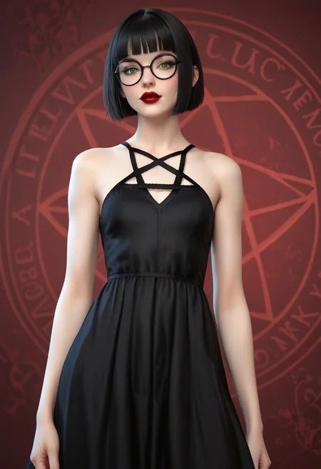 score_9, score_8_up, score_7_up, score_6_up, rating_questionable, 1girl, Polly, PollyRH, short hair, bobcut, black hair, bangs, green eyes, small breasts, almost flat chest, slim, pale skin, big round eyeglasses, clear eyeglasses lenses, red lipgloss, HD32k, dynamic pose, aesthetic, perspective, solo, detailed, sensual look, pinup pose, abstract background, detailed background, black-red tint, sensual look, pinup pose, cowboy shot, pentagram dress, black dress, fishnets,