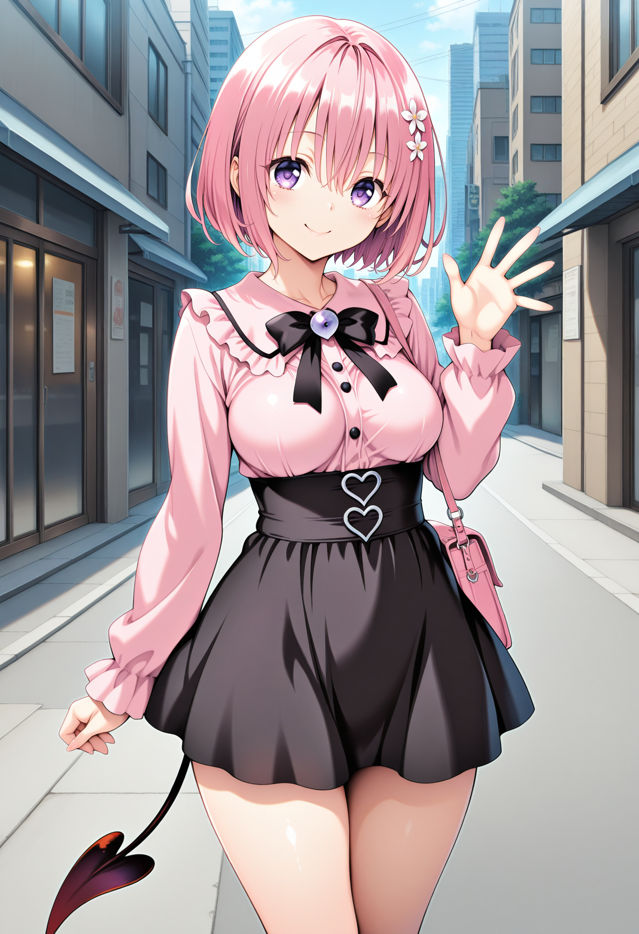 1girl, aamomo, short hair, pink hair, hair flower, purple eyes, medium breasts, demon tail, <lora:momo_velia_deviluke_ilxl_v1:0.9>, solo, jirai kei, high-waist skirt, black skirt, shoulder bag, smile, waving, standing, cowboy shot, city, street,
masterpiece, best quality, amazing quality,