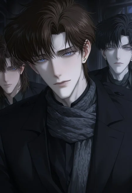 Realistic facial features, detailed features, well-defined features, semi-realistic style, painted style, detailed style, solo, anime style, minimalism, (beautiful face), adult male style, short hair, mature ikemen, [pointy chin], (beautiful eyes), Caucasian, sharp chin and jawline, realistic facial features, realistic features, defined features, [[mamoru_chiba]], handsome anime guy, piercing blue eyes, bangs, detailed hair, ikemenboys, semi-realistic, [2D], attractive features, [masculine], dark colours, dark lighting, sitting, sitting down, dark hair color, silvery strands of hair, brown hair, 
detail hair, detail eyes, medium hair, [[weak man]], [frail], narrow features, [[DILF]], overdressed, [scarf], [subtle stubble], attractive, [popular guy], (oval face), long face, [blue eyes], detailed inner cheeks, sunken in cheeks, guy with strong cheekbones, [frail guy], [dreamy], [princely], detail face, detail background, beautiful blue eyes, skinny guy, medium hair, thin, small mouth, thin lips, handsome ikemen, perfect eyes, light blue eyes, dark brown hair, white guy, pale skin, [gaunt appearance], perfect face, handsome face, streaks of grey hairs, darker hair, manly face,