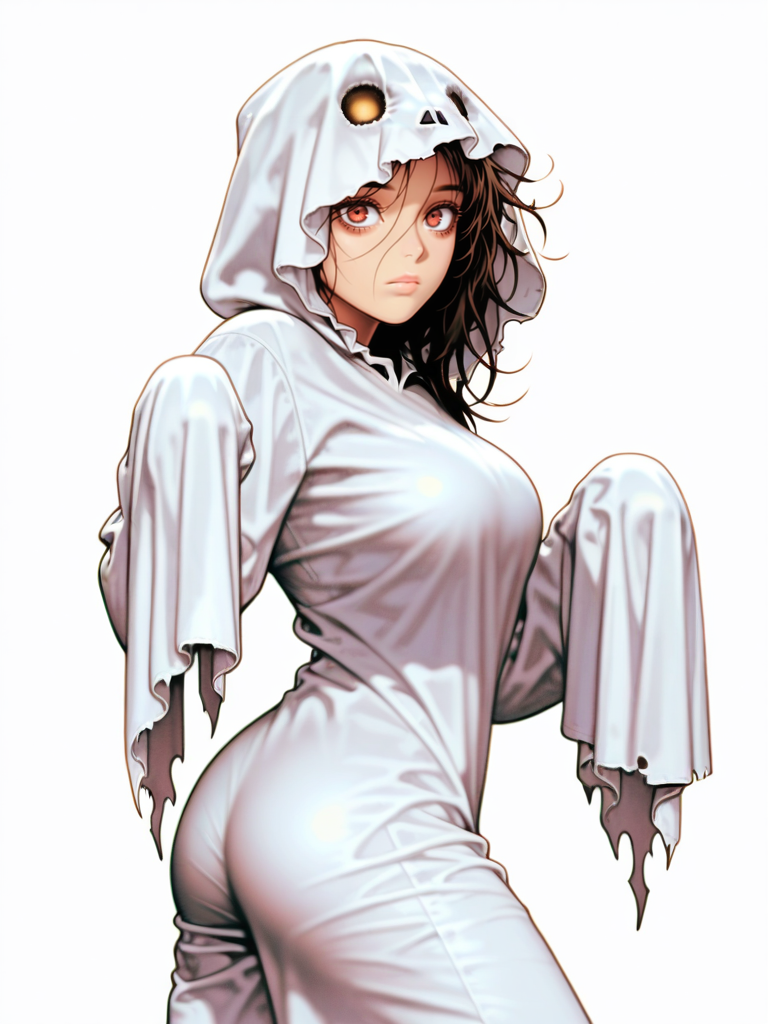 ShinkiroXL,, white background,, 
1girl, ghost costume, messy hair, large breasts, expressionless, hands up, baggy eyes, ass,
white background, looking at viewer, dynamic pose, cowboy shot,
<lora:AShinkiro_Style:1.2>