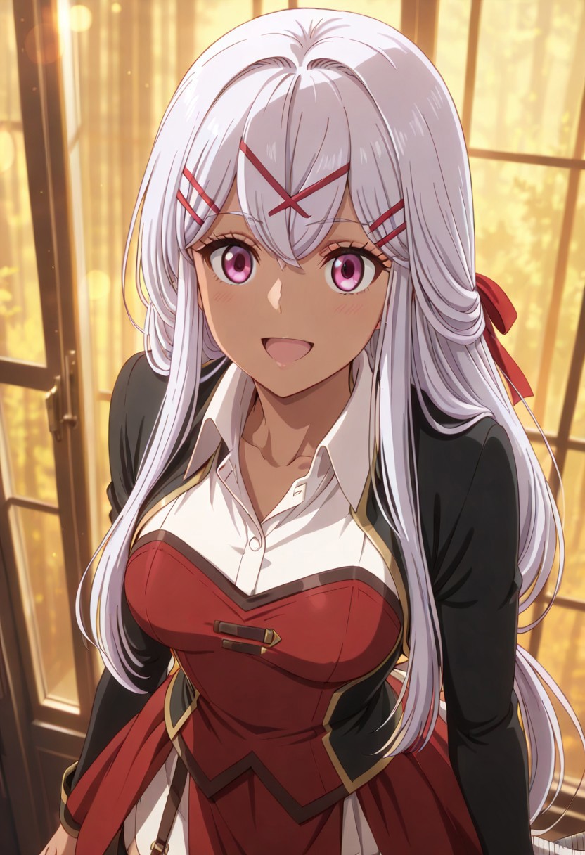 score_9, score_8_up, score_7_up, dynamic view, eye_focus, solo, looking_at_viewer, 1girl, 
masterpiece, best quality, bokeh, luminescent background,
(yulishia,  dark-skinned female, white hair, long hair, hair between eyes, bangs,  purple eyes, hair ornament, hairclip, x hair ornament, hair ribbon, red ribbon, medium breasts,   black jacked, white shirt, collared shirt, wing collar, long sleevs, red dress,  dress skirt, red skirt, black thighhighs, brown boots, scabbard, sword in scabbard, sword,
 ),
portrait, happy,