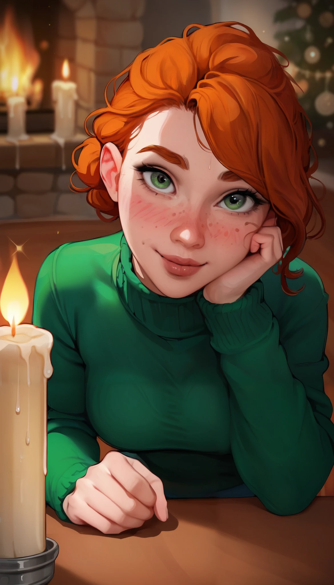 score_9, score_8_up, score_7_up, score_6_up, 1girl, 25 years old, perfect face, cute, petite, close view, looking at viewer, dark green eyes, freckles, ginger hair, folded braid, green sweater, fireplace, candles, indoors, blush, shy smile, portrait, face focus, detailed face