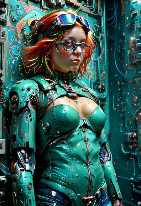 A gorgeous feminine tinker alchemist working on a Ornate Copper and Ivy duck, cyberpunk workshop blue prints and schematics on wall great lighting, Gorgeous splash of vibrant paint, extremely detailed, photorealistic portrait, copper hair, green shirt, corset many pockets, glasses, goggles on head, cyb0rg, science fiction, cable, mechanical parts,, Stunning Beauty, circuitrytech, scifi, Ornate Copper and Ivy