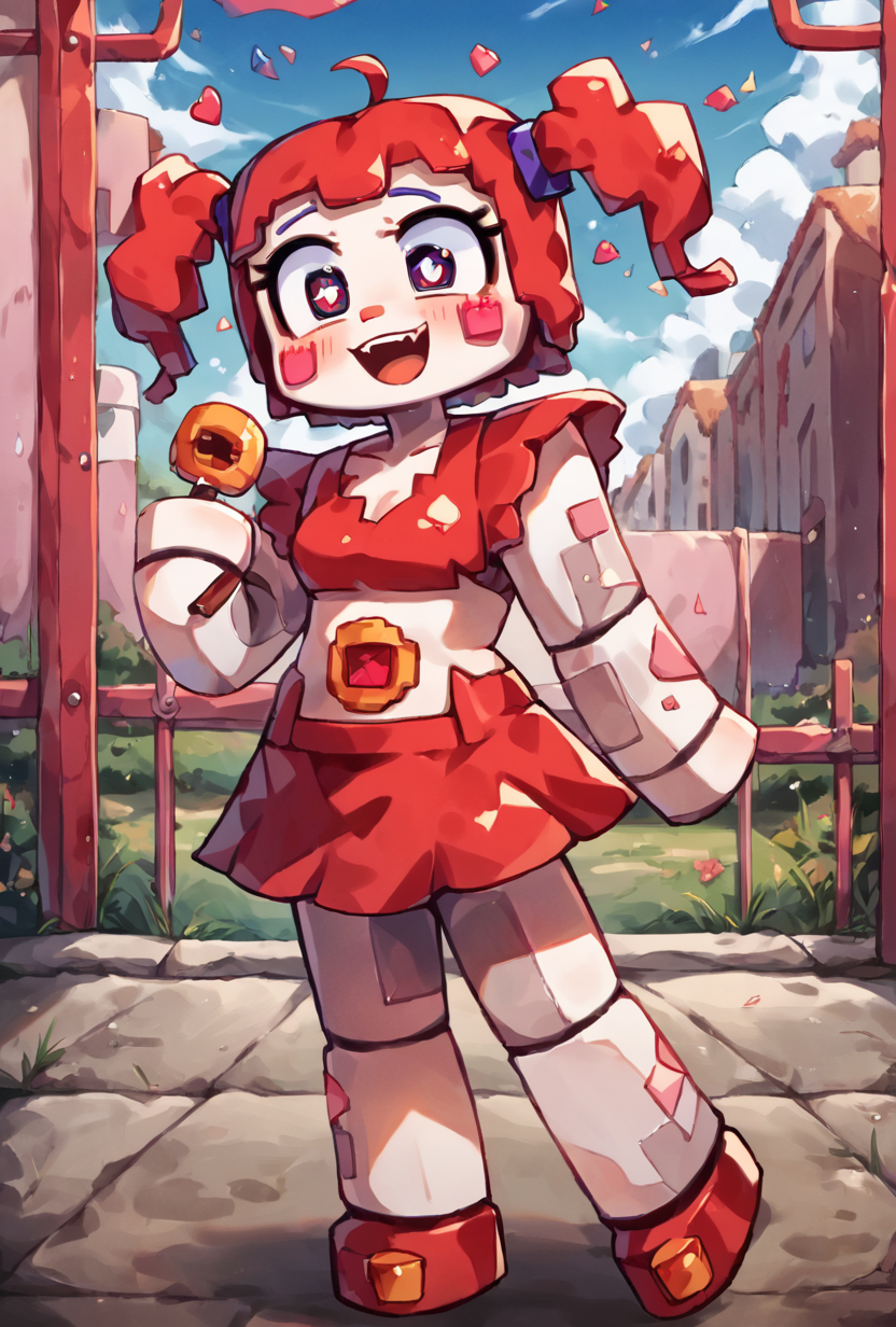 score_9, score_8_up, score_7_up, outdoors, detailed background, day time, golden hour, holding icescream, winking, blushing, , character focus, solo, full body, , best quality,   <lora:circbab-08:1> circbab, solo, robot, red hair, twintails, 1girl, open eyes, detailed background, <lora:Devilight:1> Devilight