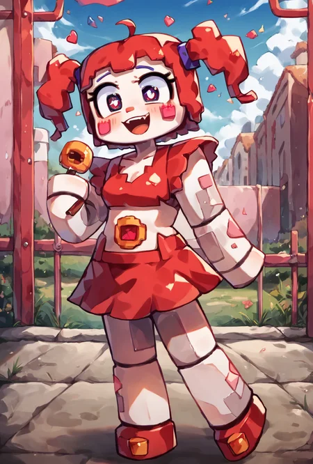 score_9, score_8_up, score_7_up, outdoors, detailed background, day time, golden hour, holding icescream, winking, blushing, , character focus, solo, full body, , best quality,   <lora:circbab-08:1> circbab, solo, robot, red hair, twintails, 1girl, open eyes, detailed background, <lora:Devilight:1> Devilight