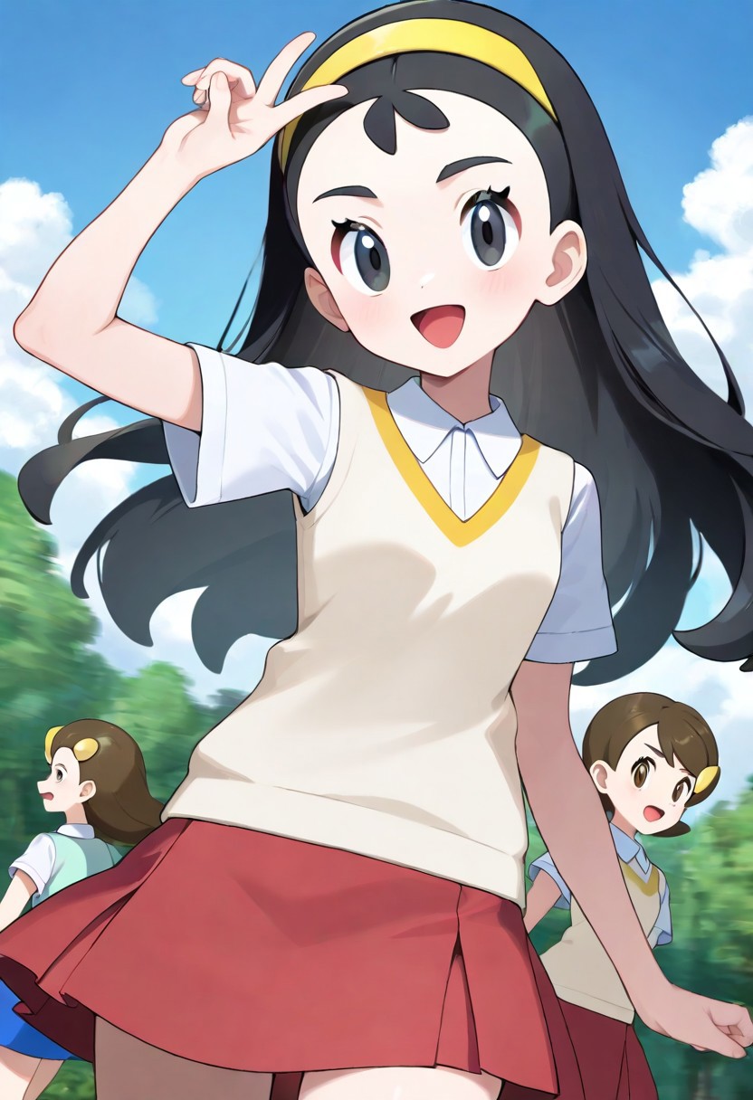 2d, masterpiece, best quality, amazing quality, highres, absurdres, newest, 2girls, standing, smile, open mouth, cowboy shot, upper body, sky, clouds, woods, nature, teammates \(pokemon\), senpai, long hair, black hair, black eyes, yellow hairband, kohai, short hair, brown hair, brown eyes, hairclip, collared shirt, short sleeves, beige sweater vest, red skirt, miniskirt,,masterpiece,best quality,newest,absurdres,highres,very awa