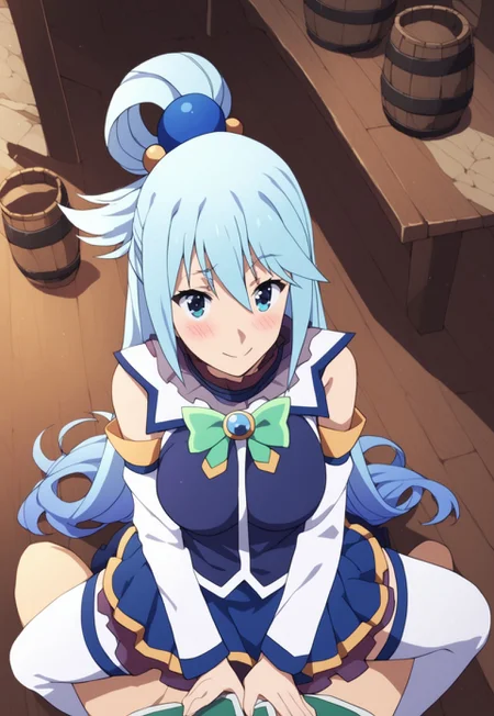 safe_pos, score_9, score_8_up, score_7_up, source_anime, uncensored, BREAK, Pov Sitting on lap, indoors, adventure guild, guild, tavern, aqua \(konosuba\), long hair, blue eyes, hair ornament, very long hair, blue hair, hair rings, single hair ring, hair bobbles, skirt, shirt, thighhighs, bare shoulders, detached sleeves, white thighhighs, blue skirt, blue shirt, green bow, looking at viewer, from above, legs spread, breasts