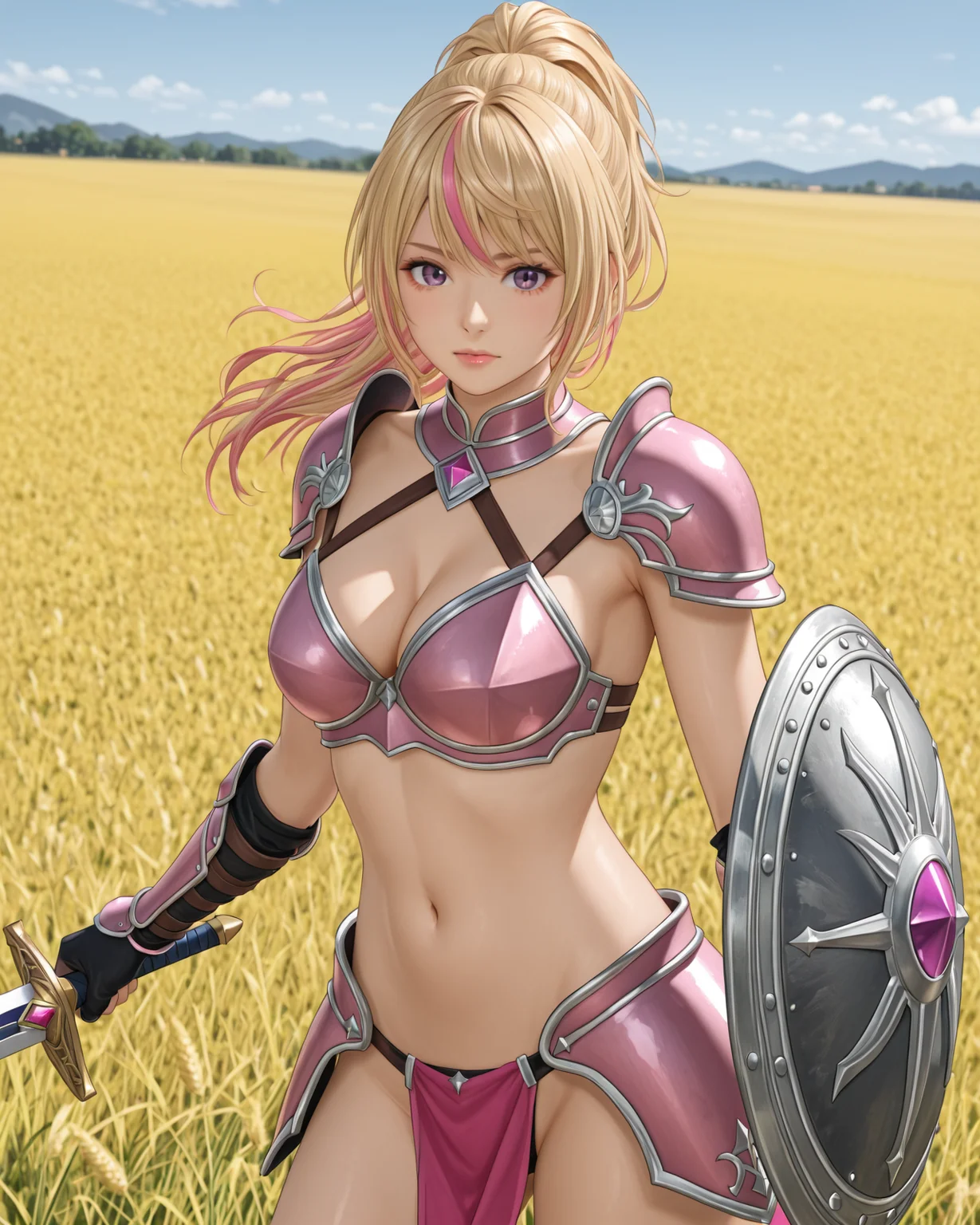 yukino \(doax vv\),blonde hair,purple eyes,pink hair,streaked hair,two-tone hair,bikini armor,holding sword,holding shield,field,