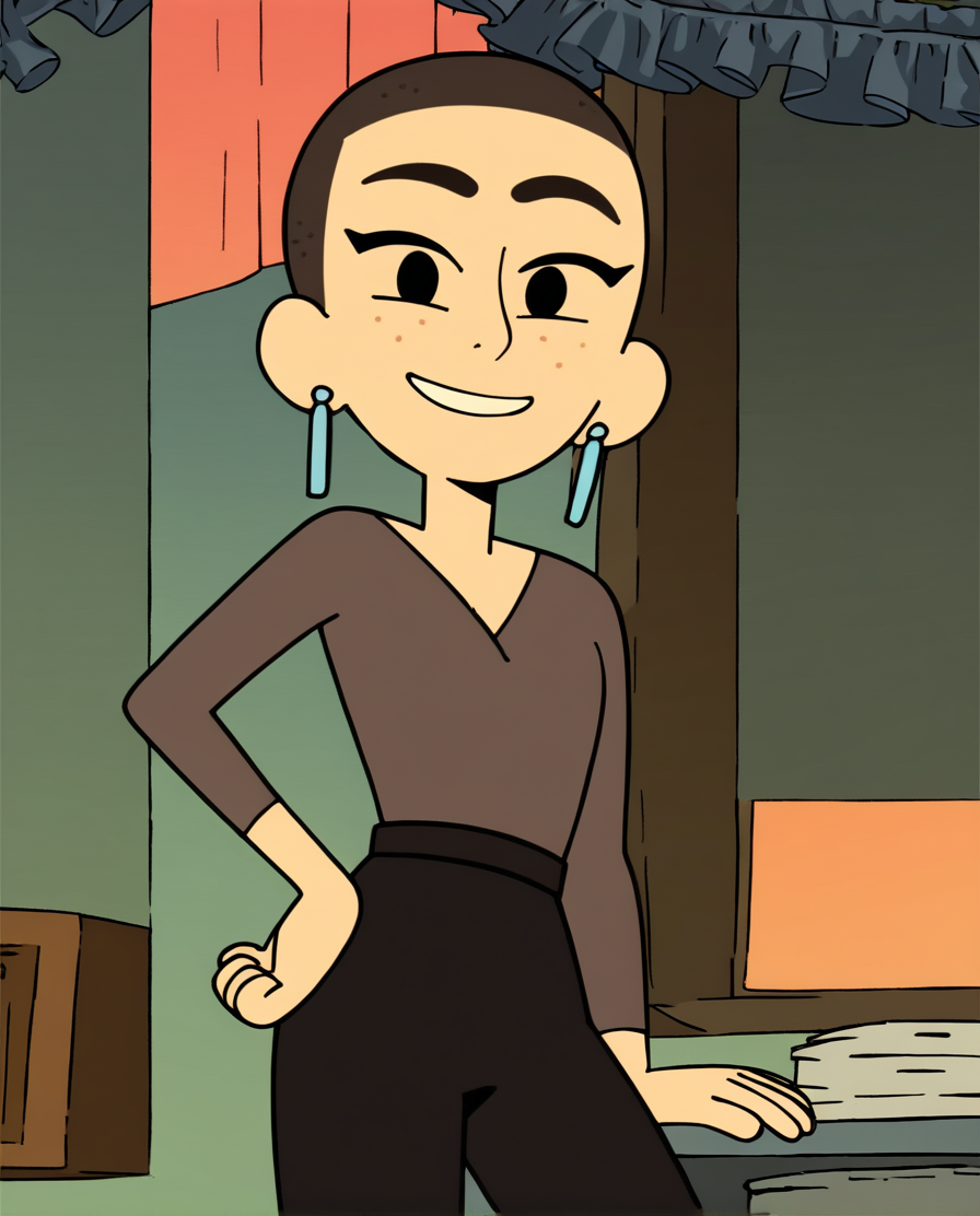 <lora:KatCOTCpony:1> kat, earrings, solo, shirt, 1girl, very short hair, brown hair, smile, black eyes, long sleeves, pants,outdoors,, score_9, score_8_up, score_7_up, score_6_up, score_5_up, score_4_up, looking at viewer, hand on own hip, cowboy shot,