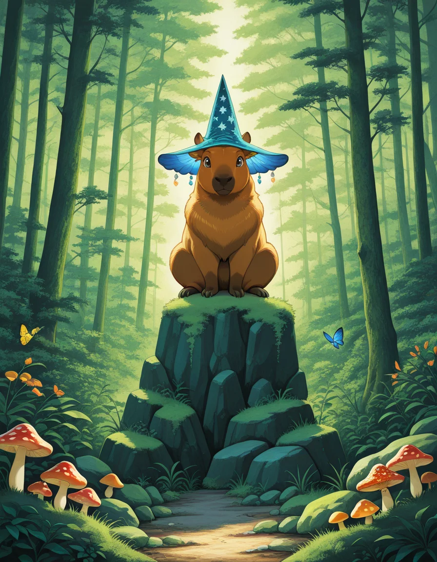 <lora:Sebi_style:0.25>, sebi style, sibylline art, colorful illustration, vintage aesthetic, ornate design, <lora:Katsura Masakazu:0.25>, Katsura Masakazu, <lora:hrn_yc:0.25>, hr2_yc_illu, <lora:PhantomILL:0.25>, ph4n, (masterpiece, best quality, ultra-detailed, absurdres, newest, detailed textures, correct anatomy:1),
cute capybara sitting cross-legged on a large mushroom, big eyes, wearing a wizard hat with a star pattern, vibrant forest background, soft lighting, fantasy, whimsical, magical, colorful butterflies fluttering around, dainty flowers scattered on the ground and mushroom cap, lush greenery, rocks and moss, enchanting atmosphere, dreamy, adorable, fantasy creature, soft fur, innocent expression, bright and cheerful, detailed shading, high contrast, centered composition, serene environment, peaceful forest scene, magical forest, cute and charming, soft and fluffy