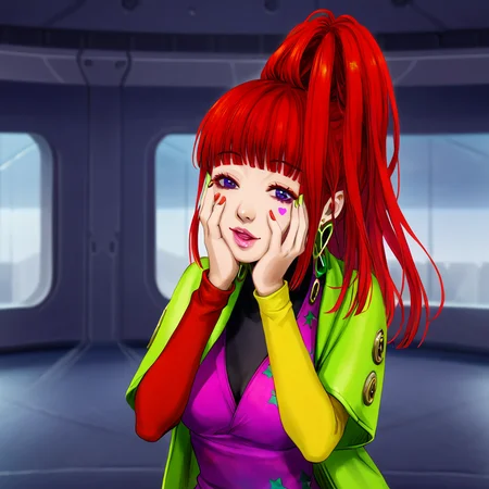 best quality, masterpiece, official artwork, (realistic:0.3), 1girl, solo, sq, red hair, jewelry, earrings, purple eyes, lips, nail polish, makeup, long hair, ponytail, jacket, dress, spaceship room background, one finger point on face, flirty face, hands on face