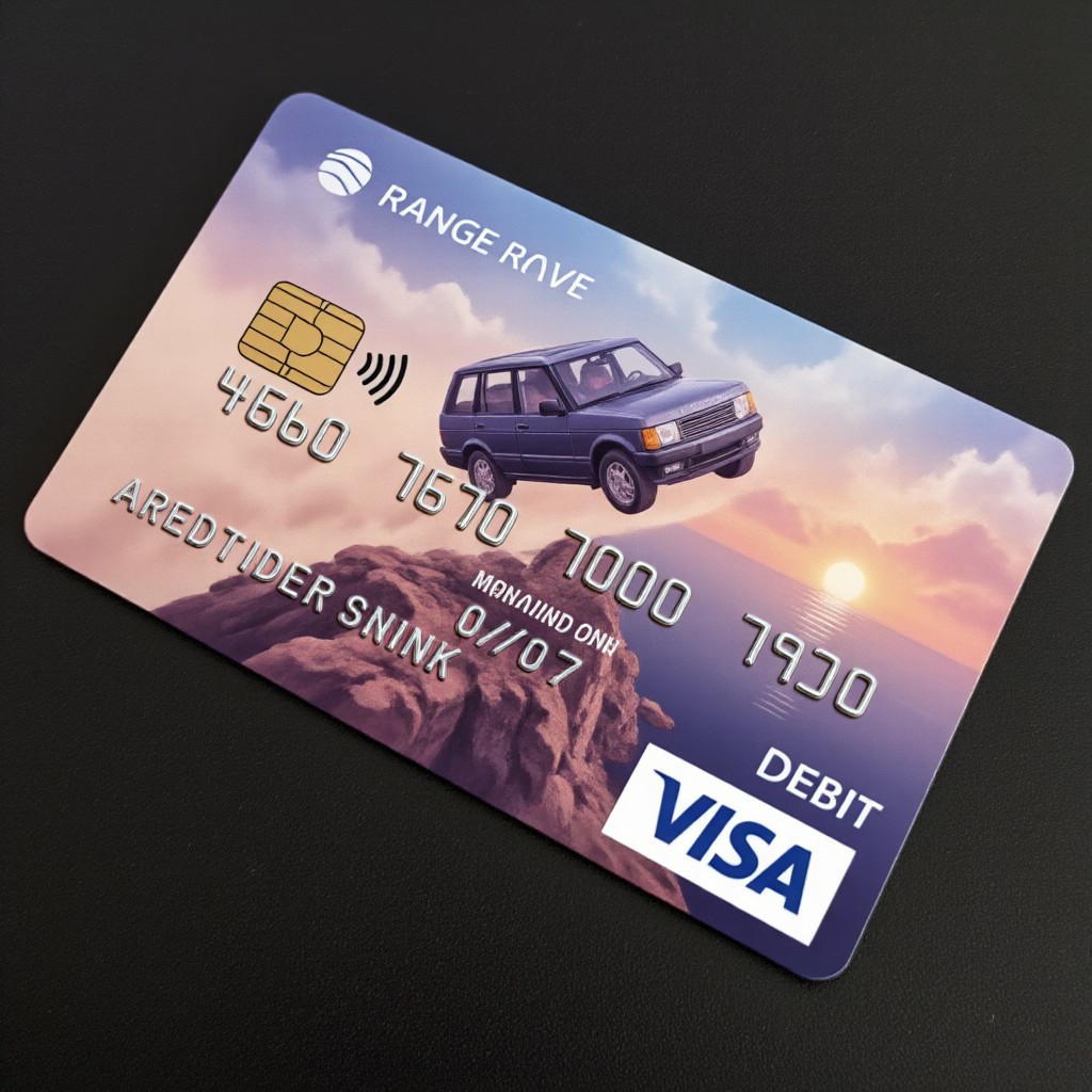 The image is a digital illustration on a custom Visa credit card, featuring an anime-style Range Rover car jumping off a cliff. The scene is dynamic, capturing the car in mid-air with intense action and motion, surrounded by dust and debris. The Range Rover is designed with sleek, futuristic lines, enhanced by bold, vibrant colors typical of anime style.
The card is laying on a black wood table, with the camera angle set at a 45-degree view from above. The table’s texture and reflections are visible, creating a realistic contrast with the intense, stylized action on the card. The car’s movement is enhanced with motion blur and exaggerated details, making it appear as if the car is leaping from the cliff with incredible speed and energy.
The card design features intricate borders and metallic accents, adding depth to the scene. The background of the image should have a sense of dramatic perspective, showing the cliff edge, distant rocks, and a blurred horizon. The colors should be vibrant, with dramatic lighting and shadows that highlight the action.