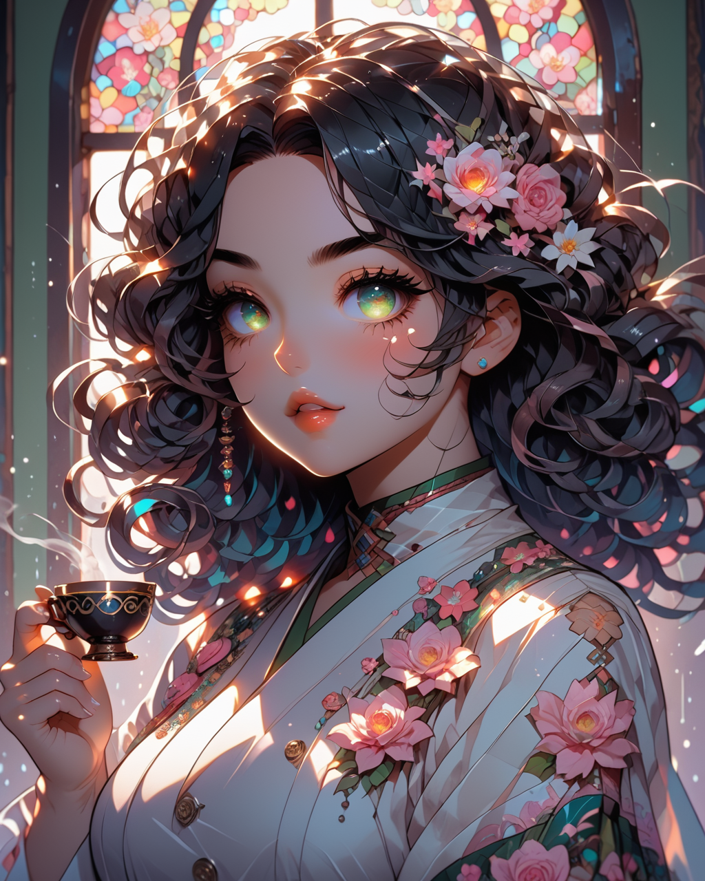 PonyScores7, source_anime, ah1, BREAK 1girl, (curly hair), (long hair:1.3), (black hair:1.3), mature female, (parted hair:1.7), (round face:1.2), (fringe:-0.5), (bangs:-0.5), (hair between eyes:-0.5),  (thick eyebrows), (curvy), round-chin, (greenish hazel eyes), caucasian, (downturned eyes:1.4), (plump face), <lora:ETO_OCPonyXL:0.5> eto_oc, skindentation, (plump), thick thighs, wide hips, busty, voluptuous, kinky curls, lips, <lora:venus body PonyXL:0.4>,  (Person with open arms), (hunting for its prey, perfect fingers, perfect hands), (Banquet Hall, large room with round tables, beautifully decorated, buffet setup along one side, chefs in uniform ready to serve, guests mingling), looking at viewer, (brink pink Floral print tea-length dress with a fitted bodice and flared skirt), BREAK <lora:xl_more_art-full_v1:0.2>, <lora:shinyskin2:0.2> glistening skin, <lora:aesthetic_anime_v1s:0.2>, <lora:Expressive_H:0.2> Expressiveh, <lora:hairdetailpxl:0.2> hairdetailpxl, <lora:EpicF4nta5yXL:0.2>, <lora:detailxl:0.2> detailxl, <lora:Fant5yP0ny:0.2>, best quality, amazing quality, best aesthetic, absurdres, <lora:expressive eyes:0.2> expressive eyes, <lora:eyedetailpxl:0.2> eyedetailpxl, illustration, Volumetric_Lighting, ultra-detailed, very aesthetic, intricate details, 8k, masterpiece, best_quality, BREAK (Dutch Angle (from the side) view Extreme Close shot (focus on head)), BREAK <lora:Eyes_High_Definition:0.3> EyesHD, Stable_Yogis_PDXL_Positives, AS-Adult, <lora:Complicated fantasy portrait - XL Pony V2.0:0.4>, bad-hands-5,