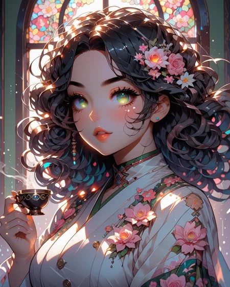 PonyScores7, source_anime, ah1, BREAK 1girl, (curly hair), (long hair:1.3), (black hair:1.3), mature female, (parted hair:1.7), (round face:1.2), (fringe:-0.5), (bangs:-0.5), (hair between eyes:-0.5),  (thick eyebrows), (curvy), round-chin, (greenish hazel eyes), caucasian, (downturned eyes:1.4), (plump face), <lora:ETO_OCPonyXL:0.5> eto_oc, skindentation, (plump), thick thighs, wide hips, busty, voluptuous, kinky curls, lips, <lora:venus body PonyXL:0.4>,  (Person with open arms), (hunting for its prey, perfect fingers, perfect hands), (Banquet Hall, large room with round tables, beautifully decorated, buffet setup along one side, chefs in uniform ready to serve, guests mingling), looking at viewer, (brink pink Floral print tea-length dress with a fitted bodice and flared skirt), BREAK <lora:xl_more_art-full_v1:0.2>, <lora:shinyskin2:0.2> glistening skin, <lora:aesthetic_anime_v1s:0.2>, <lora:Expressive_H:0.2> Expressiveh, <lora:hairdetailpxl:0.2> hairdetailpxl, <lora:EpicF4nta5yXL:0.2>, <lora:detailxl:0.2> detailxl, <lora:Fant5yP0ny:0.2>, best quality, amazing quality, best aesthetic, absurdres, <lora:expressive eyes:0.2> expressive eyes, <lora:eyedetailpxl:0.2> eyedetailpxl, illustration, Volumetric_Lighting, ultra-detailed, very aesthetic, intricate details, 8k, masterpiece, best_quality, BREAK (Dutch Angle (from the side) view Extreme Close shot (focus on head)), BREAK <lora:Eyes_High_Definition:0.3> EyesHD, Stable_Yogis_PDXL_Positives, AS-Adult, <lora:Complicated fantasy portrait - XL Pony V2.0:0.4>, bad-hands-5,