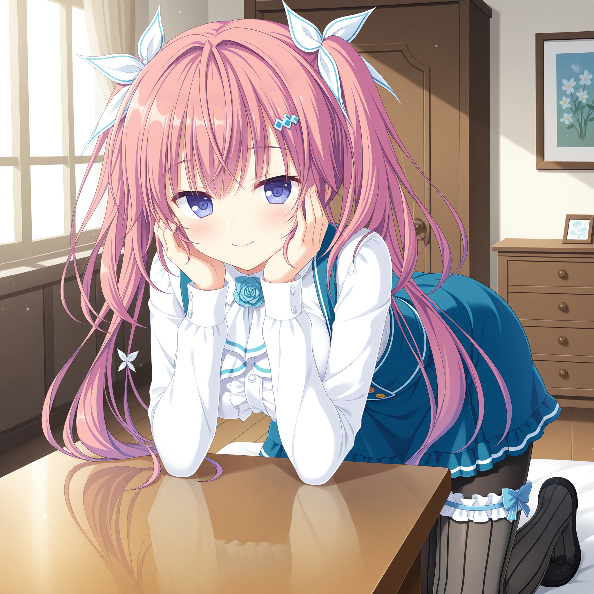 <lora:Shirakawa_Hiyori_1_nai-000033:1>,Shirakawa Hiyori,
twintails,hair ribbon,hairclip,ascot,neck flower,blue rose,long sleeves,white shirt,black pantyhose,suspender skirt,high-waist skirt,white bow,blue skirt,bridal garter,white ribbon,center frills,grey thighhighs,uneven legwear,thigh strap,vertical-striped thighhighs,
BREAK
1girl,solo,front view,looking at viewer,head rest,table,indoors,leaning forward,hands on own face,smile,kneeling,bedroom,arms on table,arm support,