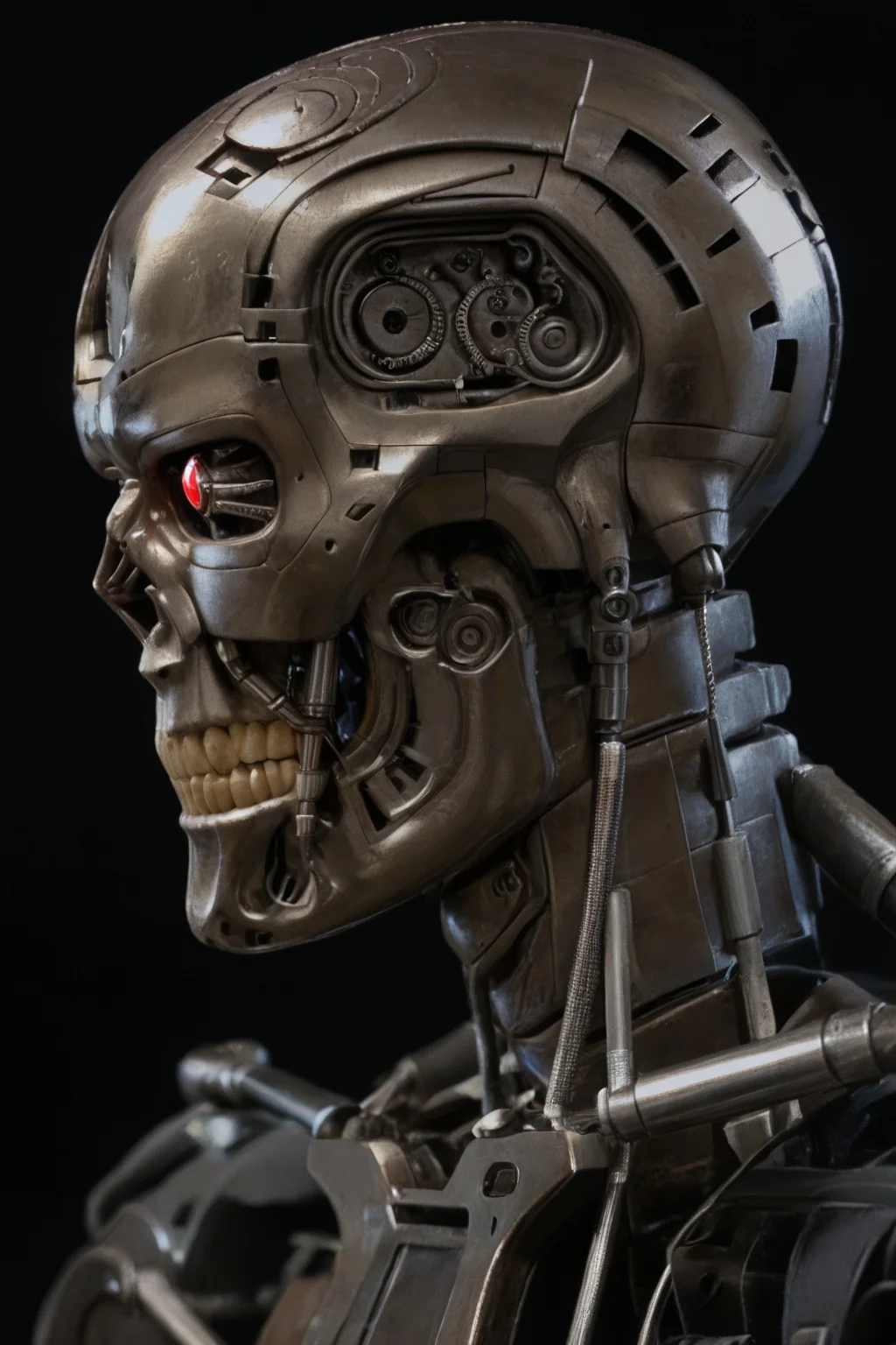 T800_Endo, Terminator robot, score_9, score_8_up, score_7_up, (source_IRL, source_movie), cinematic, realistic, masterpiece, high quality, highres RAW photo, ((close-up shot, close-up head shot, side profile view, from the side))
((an UpgradedT800_Endo Terminator Robot)) with red eyes, he is made of metal, he is made of shiny chrome metal, new, clean, <lora:T800_Endo_Terminator_Pony_v1-000019:1>
(standing)
black background
dynamic lighting, highly detailed, intricate details, shadows