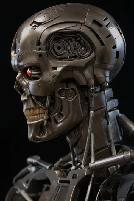 T800_Endo, Terminator robot, score_9, score_8_up, score_7_up, (source_IRL, source_movie), cinematic, realistic, masterpiece, high quality, highres RAW photo, ((close-up shot, close-up head shot, side profile view, from the side))
((an UpgradedT800_Endo Terminator Robot)) with red eyes, he is made of metal, he is made of shiny chrome metal, new, clean, <lora:T800_Endo_Terminator_Pony_v1-000019:1>
(standing)
black background
dynamic lighting, highly detailed, intricate details, shadows