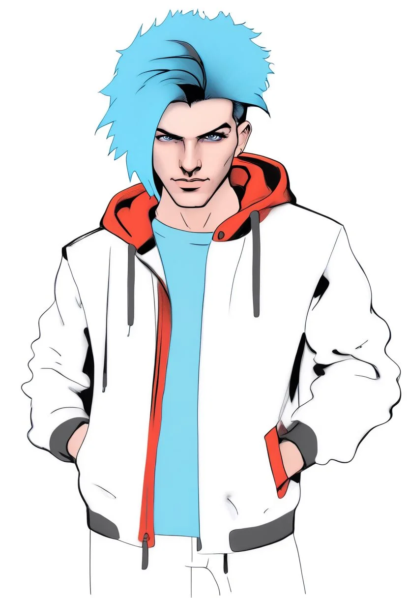 Duskfallcrew Art Style, solo, blue eyes, shirt, 1boy, white background, blue hair, jacket, male focus, open clothes, pants, hood, hair over one eye, red jacket, grimace, frustrated look, score_9_up, score_8_up, score_7_up, score_6_up, source_cartoon ,