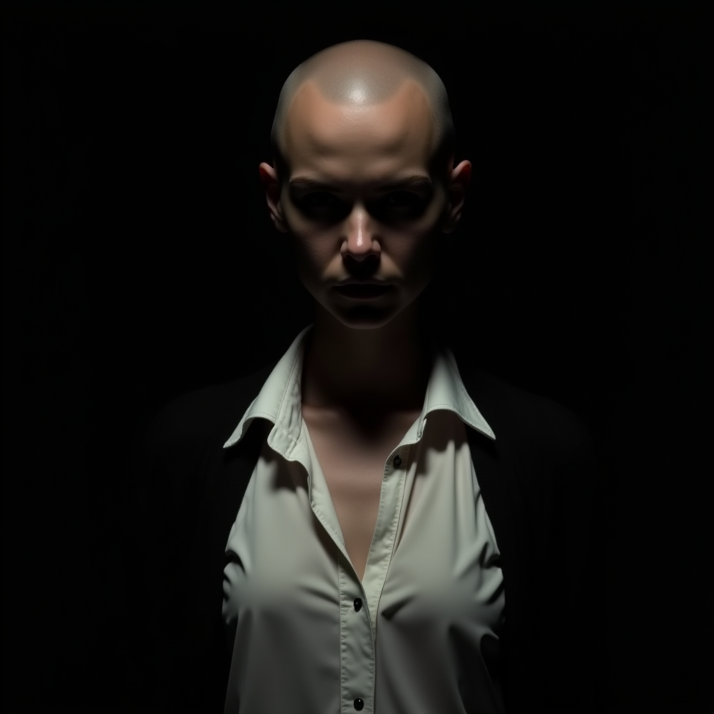 <lora:Chiaroscuro Lighting Style v1:1>
Chiaroscuro Lighting Style of a woman with a bald head and a white shirt, sharp, detailed, perfect, perfection, realism, cinematic exposure, cinematic color, cinematic contrast, dramatic style, cinematic style, dramatic shadow, partially covered in shadow, Chiaroscuro Lighting Style, solo, looking at viewer, shirt, 1boy, closed mouth, white shirt, upper body, female focus, open clothes, cardigan, black background, facing viewer, realistic, bald, horror (theme), shadow, shaded face, faceless, no eyes