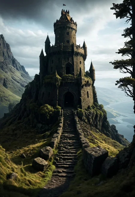 <lora:TheWeirdies_epoch_10:0.78>, epiCPhotoGasm-colorfulPhoto , advntr ,
score_9, score_8_up, score_7_up, score_6_up
Durlag's Tower was a large tower that was said to be haunted by a powerful entity, as well as one that housed immeasurable treasure. ((game of thrones aesthetic, cinema still from dynamic scene)), (((massive hairy chode))), son of Bolhur the Clanless, Many adventurers sought his treasure over the decades, with varying degrees of success. Around 1372 DR, rumors said a fiend had taken up residence within the remains of the tower and used the defenses created by Durlag to keep both itself and the treasure safe. Some claimed that this creature was a lich.
no humans
((massively large towering fortress, dark woods surround, built of volcanic stone, mountain, dark, ballistas on the battlements))