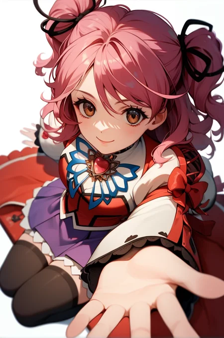 score_9, score_8_up, score_7_up, very aesthetic, source_anime, detailed, high quality, beautiful, masterpiece, detailed eyes,
<lora:lightXL:0.8>
white background, blurry background,
close up, pov, from above, light smile,
sitting, hands reaching out,
<lora:cheria_autismConfetti_v03:0.95>
cheria barnes, pink hair, brown eyes, twintails, two side up, medium hair,
thighhighs, brooch, long sleeves, puffy sleeves, purple skirt, jewelry, black thighhighs, white footwear, (wide sleeves:0.7), pleated skirt, laces,, zPDXL