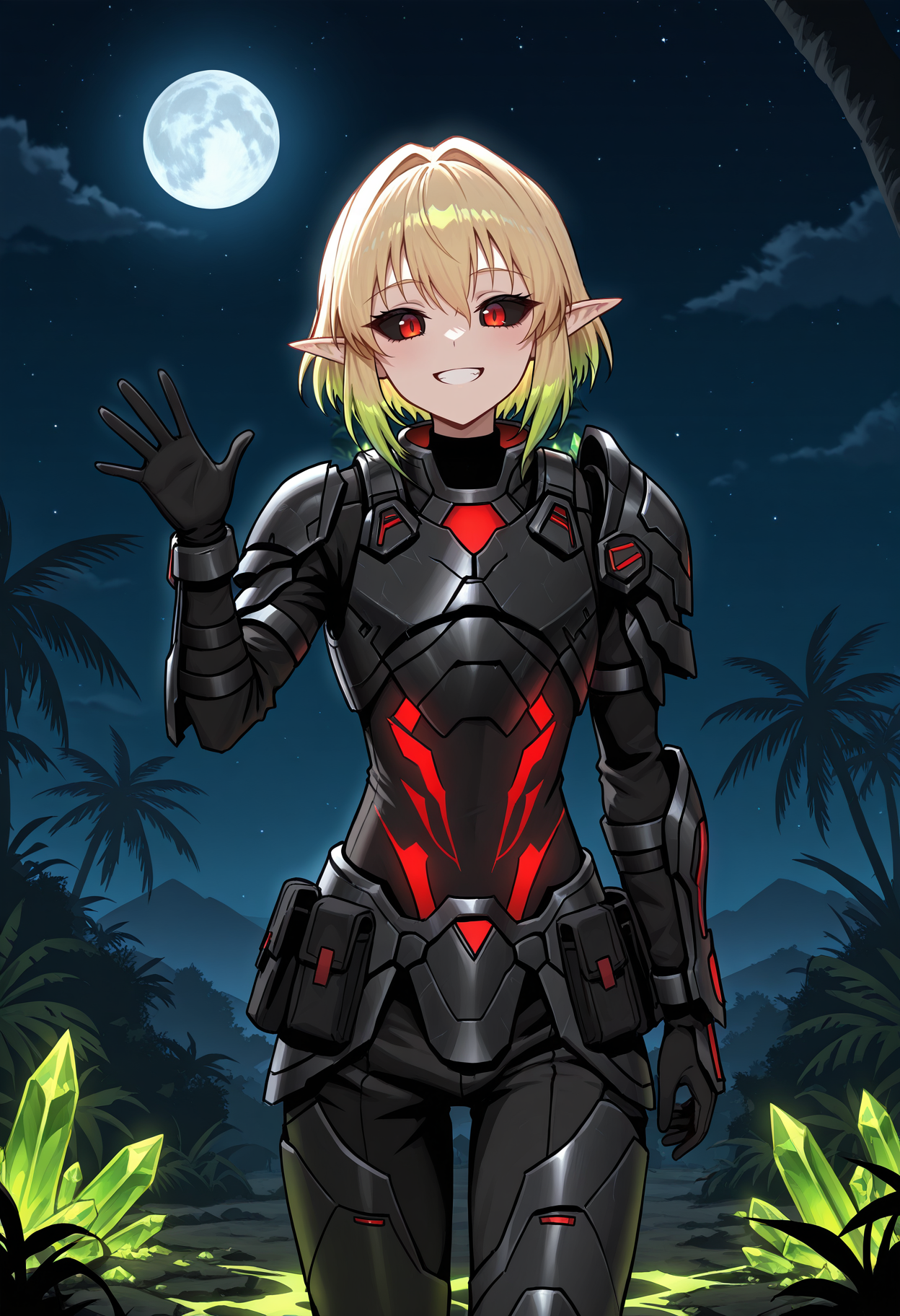 solo, 1boy, trap, pointed ears, small eyes, black sclera, red eyes, bob hair, ((blonde hair), green hair, gradient hair), skinny, 
night, stars, moon, jungle, glowing green crystals on ground, front view, waving, smile, 
nodtrooper, science fiction, armor, gloves, chestplate, shoulder armor, glowing red pieces,   <lora:trooperNODC&CIL:1.2>, cowboy shot, black uniform, black armor, black pants, 
masterpiece,best quality,amazing quality,   <lora:gogalkingIL-style:0.8>