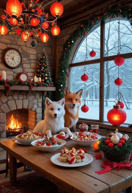 fluffy_new_year, merry_furistmas , a realistic and heartwarming scene featuring a family of white foxes preparing for the New Year celebration in a cozy and festive setting. The room is adorned with traditional decorations, including red lanterns, hanging ornaments, and a table filled with delicious dishes and treats.
The fox family, dressed in festive attire, works together joyfully: one fox is arranging flowers, another is placing food on the table, while playful fox cubs are chasing each other around the room. A glowing fireplace adds warmth to the atmosphere, and outside the window, snow gently falls, creating a magical winter backdrop. The scene captures a vibrant and cheerful New Year spirit.