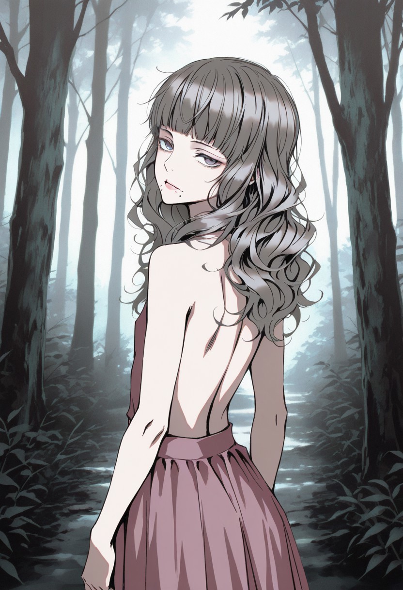ikujinashinofetishiststyleblendil, masterpiece, best quality, very aesthetic, newest, 1girl, mar1na_fear, detailed face, (mole under mouth: 1.3), bare back, from behind, looking back, looking at viewer,  [[[pink skirt, long skirt]]], grey hair, [[[small breasts]]], flat chest, long hair, bangs, blunt bangs, upperbody, [eye focus], forest, dim lighting, saturated