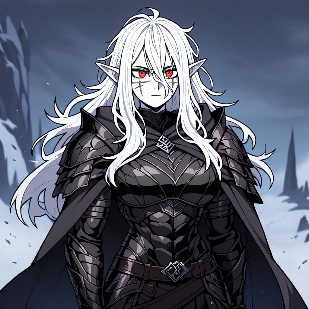 masterpiece, best quality, newest, absurdres, highres, 
INFMixV1.0,
1girl, pale, white skin, colored skin, pale skin, elf, pointy ears, muscular woman, armor, cape, leather armor, scar, scars on face, white hair, long hair, messy hair,  armor, leather armor, black armor, black leather