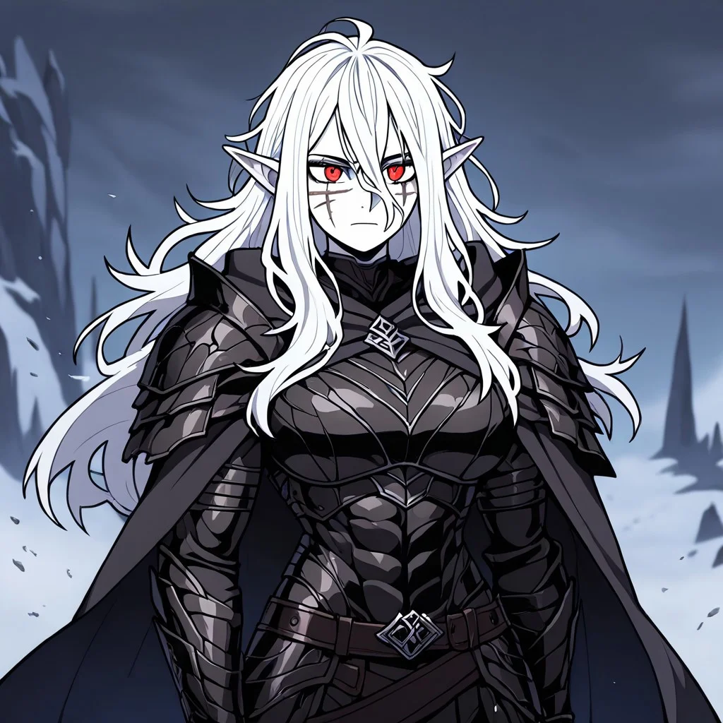 masterpiece, best quality, newest, absurdres, highres,
INFMixV1.0,
1girl, pale, white skin, colored skin, pale skin, elf, pointy ears, muscular woman, armor, cape, leather armor, scar, scars on face, white hair, long hair, messy hair, armor, leather armor, black armor, black leather
