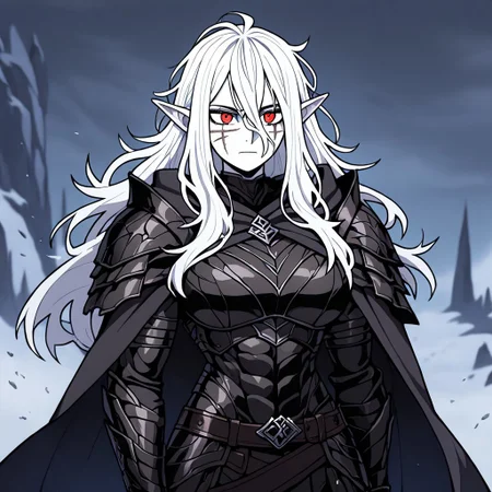 masterpiece, best quality, newest, absurdres, highres,
INFMixV1.0,
1girl, pale, white skin, colored skin, pale skin, elf, pointy ears, muscular woman, armor, cape, leather armor, scar, scars on face, white hair, long hair, messy hair, armor, leather armor, black armor, black leather