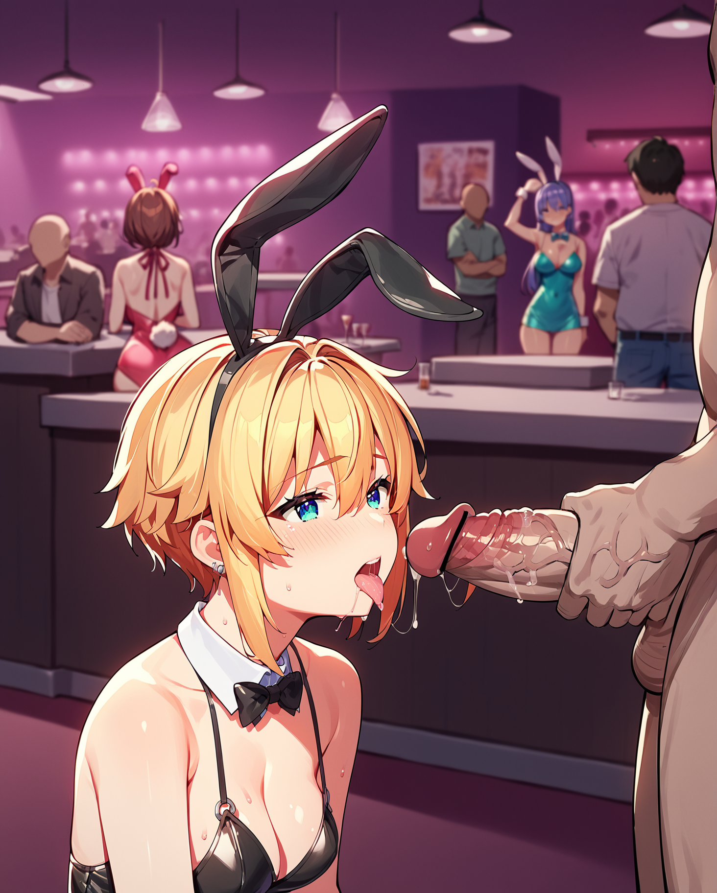 score_9, score_8_up, score_7_up, source_anime, BREAK multiple girls, 1boy, Focus stacking, layering shot, faceless male, bunny girls, private club, implied fellatio, private club, older male, fat male, <lora:Private_Club:1>, rating_questionable