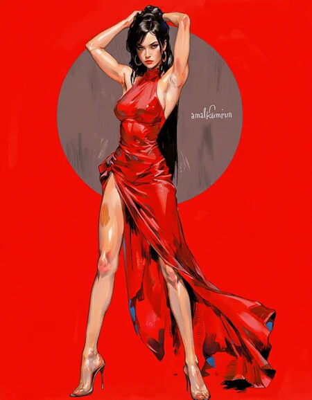 Ablatamahota style. A digital illustration shoot from a full body angle about a stylized illustration of a woman in a red dress striking a powerful pose against a red background with a circular gray circle behind her. the image also shows the artist's signature "amal kamrun" in the bottom right corner. on the middle of the image, a woman, who appears to be in her mid-twenties, with long black hair, is standing confidently with her arms raised above her head. she is wearing a red, sleeveless dress with a high slit, revealing her bare legs. her expression is fierce, and she is looking directly at the viewer. she has a slim body and is wearing high heels. her hair is styled in a long, straight look, and her eyes are a piercing blue. her body is toned and muscular, with armpits visible. she also has a pair of hoop earrings on her ears. the overall style of the illustration is bold and striking, with a focus on the woman's powerful pose.