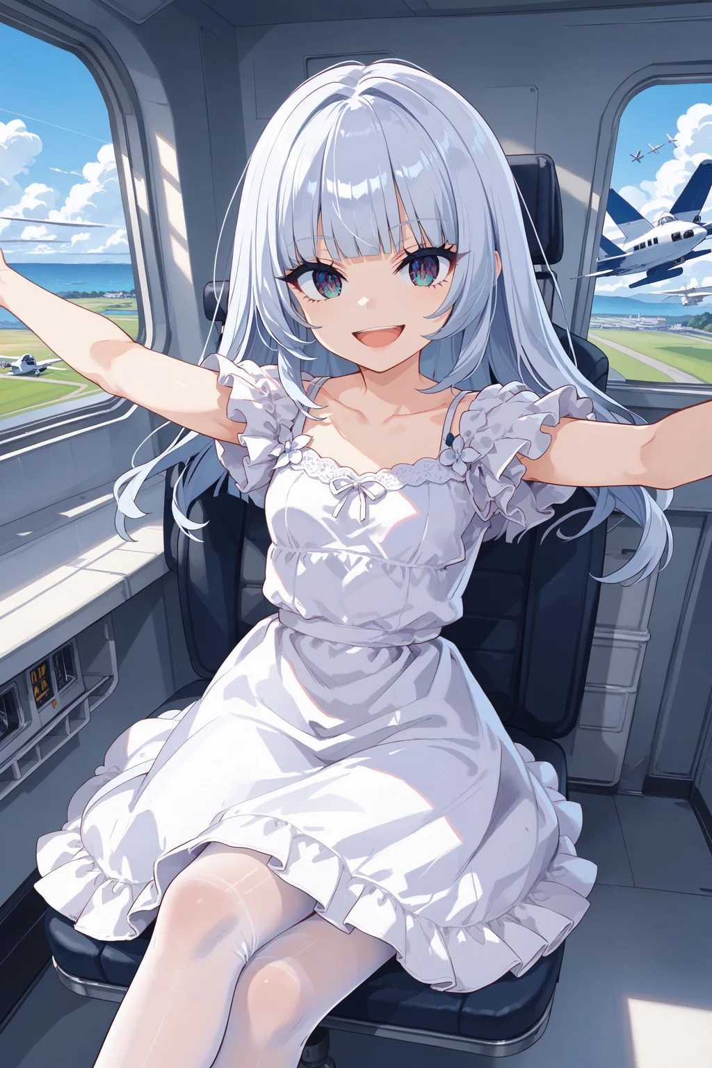 score_max, (score_9, score_8_up, score_7_up:1.2), score_6_up, official art,
masterpiece, absurdres, high detail,
indoors, airplane, passage, seat,
sitting, crossed legs, arms up, spread arms, open hand, smile, open mouth,
luxu, long hair, sundress, white dress, collarbone, small breasts, short sleeves, white pantyhose,
<lora:XL_Pony_MGCM-luxuria-t1:1>