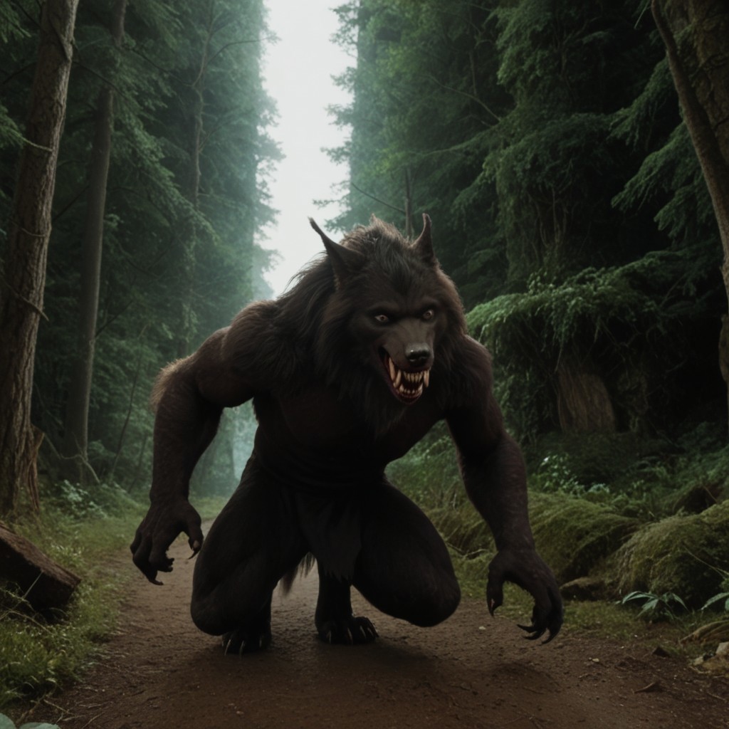score 9, score 8, score 7, score 6, 1boy, furry male, solo, black fur, animal ears, yellow eyes, sharp teeth, claws, werewolf on down on all paws with tail in the air, wagging tail, trying to look friendly, forest