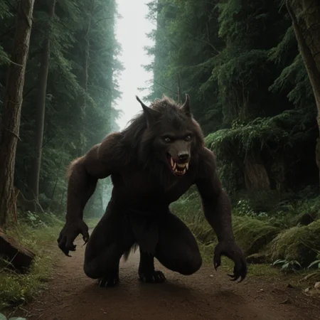score 9, score 8, score 7, score 6, 1boy, furry male, solo, black fur, animal ears, yellow eyes, sharp teeth, claws, werewolf on down on all paws with tail in the air, wagging tail, trying to look friendly, forest