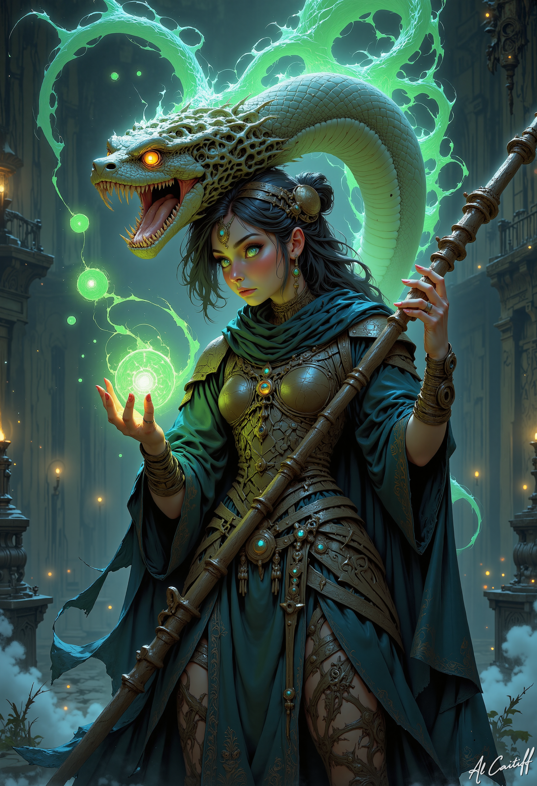 A female figure, heavily armored with intricate golden steampunk-like plating and dark teal robes, wielding a staff.  Her face is partially mechanical, with exposed bone-like structures and glowing red eyes.  Casting a green snake spell.  A gray, glowing clock face is in the background, creating a mystical and futuristic scene.  The overall style is hyperrealistic, detailed, highly detailed, intricate.  Colors are deep blacks, greens, golds, and reds.  Emphasis on detailed textures and shadows.  Composition emphasizes depth and power.  Focus on the ornate armor and the figure's strong presence.  Use rich color palettes and strong lighting.  Add a dark, mystical, and futuristic atmosphere, Niji Stan Katayama Style<lora:CustomFlux/SnakeSpell.safetensors:1.0:1.0> <lora:Flux/Niji_B_anime.safetensors:0.65:0.65>