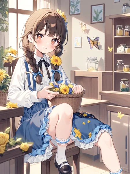 1girl,flower,solo,socks,twin braids,braid,brown hair,hair flower,bug,hair ornament,white socks,butterfly,shirt,yellow flower,shoes,sitting,long sleeves,smile,white shirt,long hair,black footwear,mary janes,dress,frills,looking at viewer,blush,holding,collared shirt,closed mouth,twintails,chair,frilled socks,brown eyes,suspenders,indoors,bobby socks,blue dress,ribbon,basket,neck ribbon,plant,skirt,window,hair over shoulder,jar,blue skirt,suspender skirt,frilled dress,shelf,
<lora:ag31-a20_2-000034:1>,