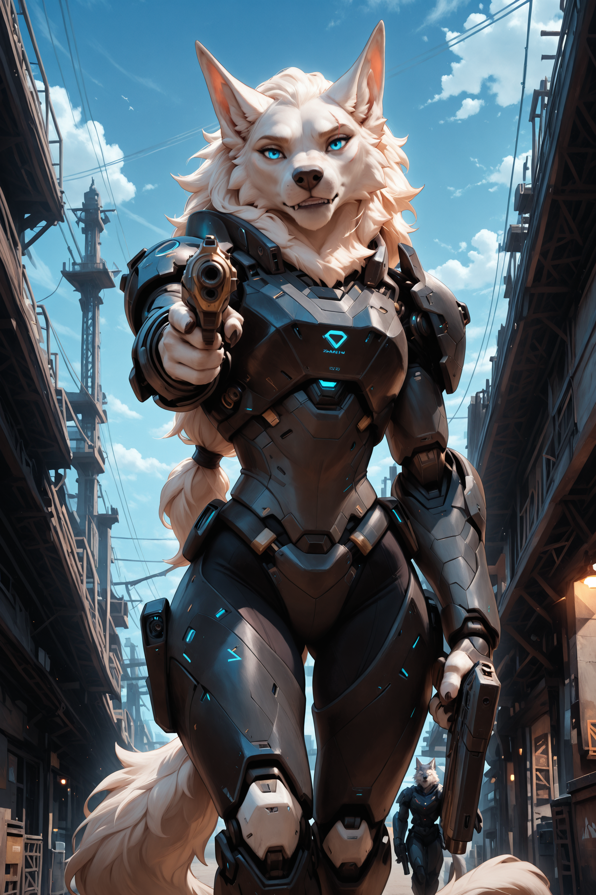 masterpiece, best quality, good quality, very ava, amazing quality, very aesthetic, high resolution, ultra-detailed, 4k, highres, absurd res, volumetric lighting, 5n0w5k4u, Zaush, photorealistic details, ray tracing, mature,

1girl, anthro, wolf, furry, fluffy, fur tuft, mane, (stern), white fur, low-tied long hair, mechanical, android, cyborg, mech, scratched armor, military, large ears, white fur, head tilt, blue eyes, eye scar, tail, dynamic pose, (pointing gun at viewer:1.4), gun focus, looking at viewer, walking, (low-angle view), glowing, neon, cyberpunk, sci fi, day, shipyard,