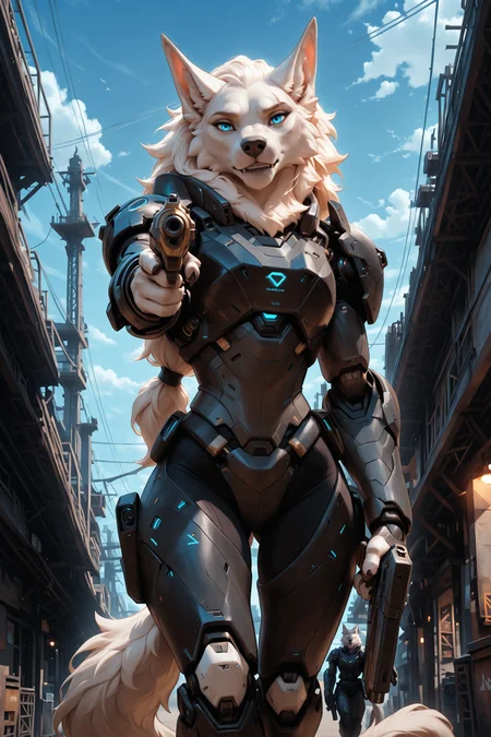 masterpiece, best quality, good quality, very ava, amazing quality, very aesthetic, high resolution, ultra-detailed, 4k, highres, absurd res, volumetric lighting, 5n0w5k4u, Zaush, photorealistic details, ray tracing, mature,
1girl, anthro, wolf, furry, fluffy, fur tuft, mane, (stern), white fur, low-tied long hair, mechanical, android, cyborg, mech, scratched armor, military, large ears, white fur, head tilt, blue eyes, eye scar, tail, dynamic pose, (pointing gun at viewer:1.4), gun focus, looking at viewer, walking, (low-angle view), glowing, neon, cyberpunk, sci fi, day, shipyard,