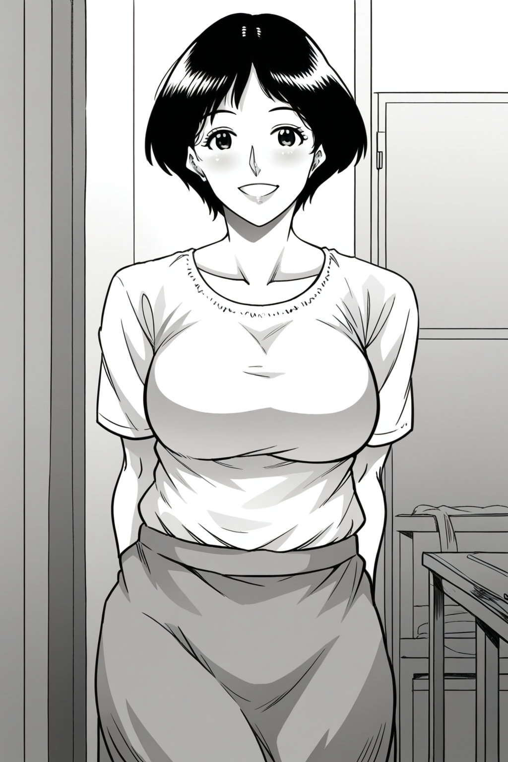 <lora:Hana_Hook-noriko:1>,noriko,1girl,mature female,greyscale,short hair,breasts,shirt,skirt,cowboy shot,looking at viewer,smile,indoors