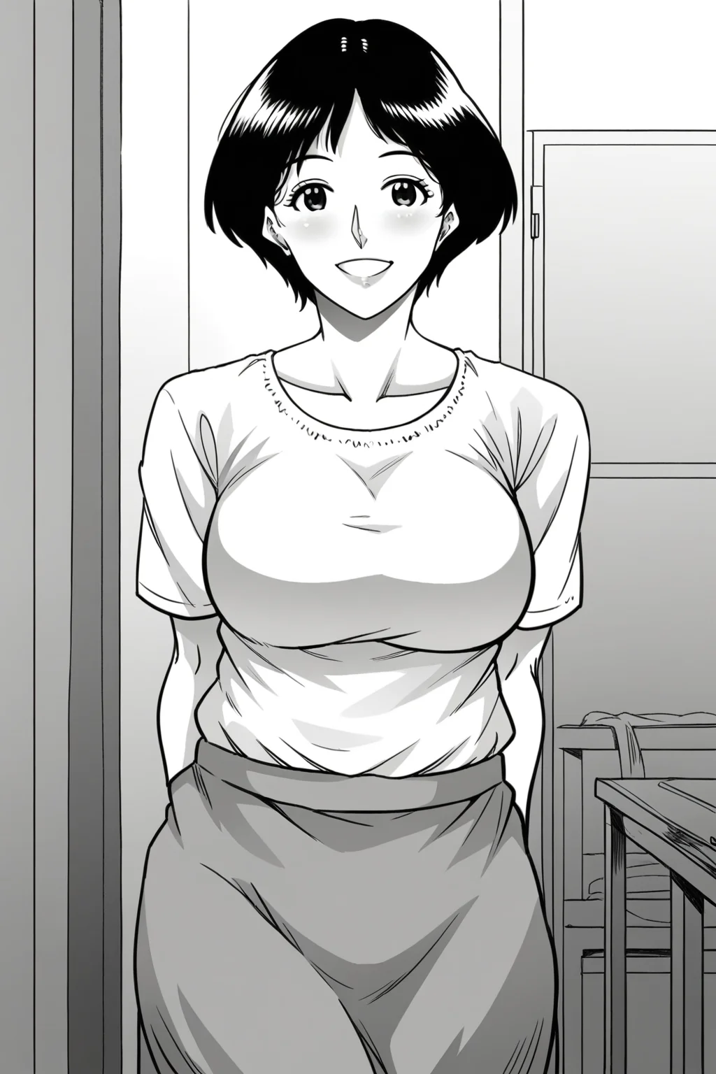 <lora:Hana_Hook-noriko:1>,noriko,1girl,mature female,greyscale,short hair,breasts,shirt,skirt,cowboy shot,looking at viewer,smile,indoors
