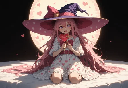 score_9, score_8_up, score_7_up, source_anime, ne0nfant4sy, masterpiece, best quality, very aesthetic, full body, 1girl, 25yrs old, womasn, witch, pink hair, purple eyes, long hair, hair between eyes, very long hair, pink wizard hat, pink and white dress, heart pattern cloche, cute fashion, smiling, mouth open, pink bedroom, sun light rays, contrast lighting, holding a wand, valentines day theme, cute bedroom, love, hearts, passion, cute, 