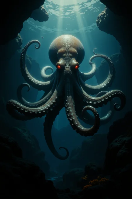 Photo-realistic illustration, a giant octopus with sinister red eyes, its numerous tentacles curling and extending outward, illuminated by a dim, mysterious underwater light, misty atmosphere adding to the sense of depth, detailed textures of the octopus's skin, underwater setting with dark, shadowy surroundings, subtle bubbles and aquatic plants.