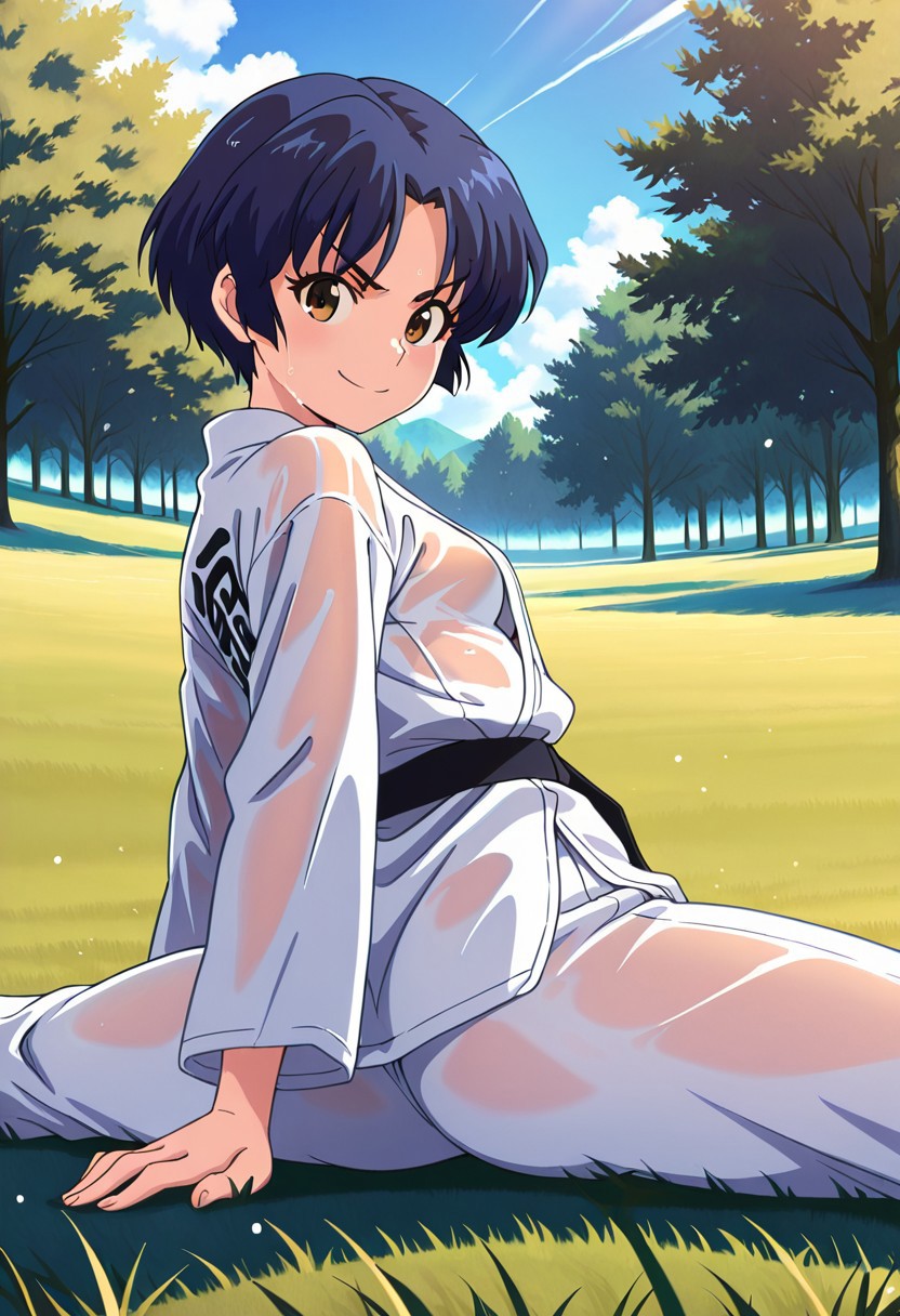 masterpiece, best quality, amazing quality, dynamic view,  solo, dynamic view,  solo, 1girl, masterpiece, best quality, bokeh, luminescent background, 
( akanetendou,   
dark blue hair, short hair, parted bangs, brown eyes, small breasts,  
,   ), 
martial arts gi, open chest, black belt, looking at viewer, outdoors, wet clothes, wet, wet hair, looking at viewer, see-through clothes, v-shaped eyebrows, closed mouth, outdoors, split, spread legs, flexible, arm support, sitting, wide spread legs, skin thight, from behind, grass, tree, blue sky, cloud, looking at viewer, thumbs up, v-shaped eyebrows, smile, closed mouth