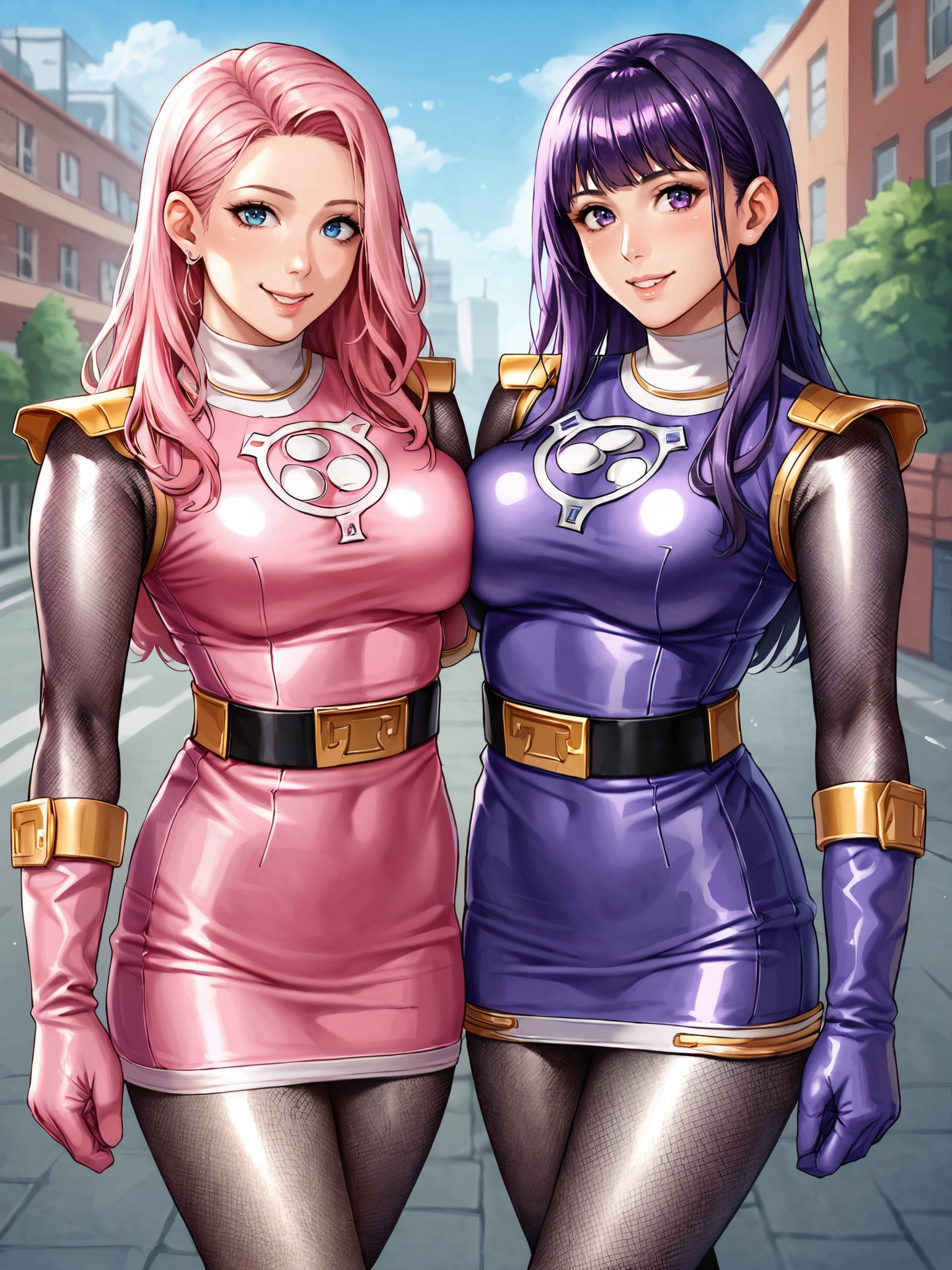 score_9, score_8_up, score_7_up, (source_anime:1.2), 2girls, sentaikageblue, shiny clothes, spandex, <lora:Kage_Blue:1>, (silver bodysuit, fishnet bodysuit, bodysuit under clothes:1.2), shoulder pads, black belt, no headwear, outdoors, city, street, cowboy shot, arms at sides, looking at viewer, smile, symmetrical docking
2girls, pink dress, pink skirt, pink gloves, pink hair
2girls, purple dress, purple skirt, purple gloves, purple hair