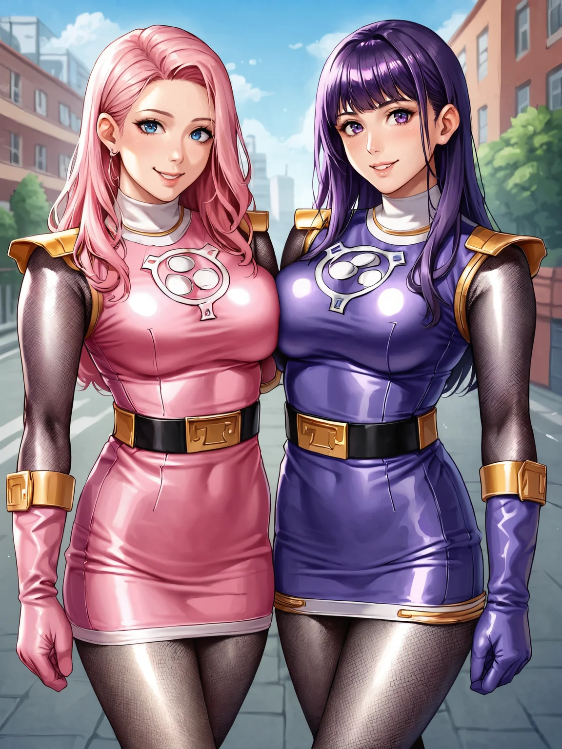 score_9, score_8_up, score_7_up, (source_anime:1.2), 2girls, sentaikageblue, shiny clothes, spandex, <lora:Kage_Blue:1>, (silver bodysuit, fishnet bodysuit, bodysuit under clothes:1.2), shoulder pads, black belt, no headwear, outdoors, city, street, cowboy shot, arms at sides, looking at viewer, smile, symmetrical docking
2girls, pink dress, pink skirt, pink gloves, pink hair
2girls, purple dress, purple skirt, purple gloves, purple hair